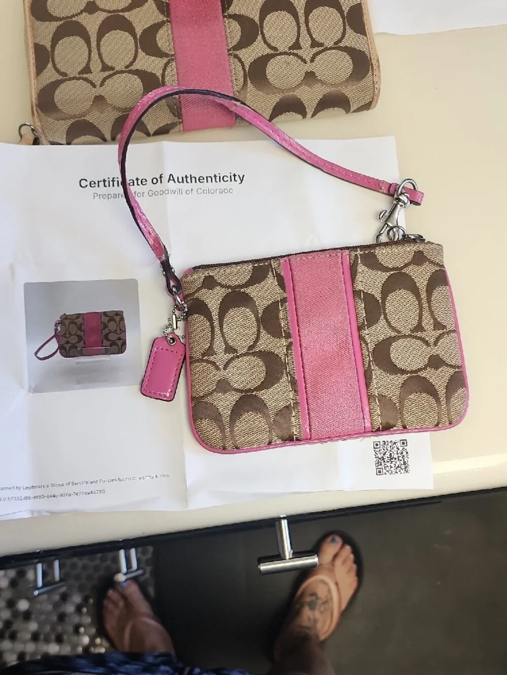 Coach Brown Signature Canvas Shoulder Bag with Pink Stripe and Matching Wallets